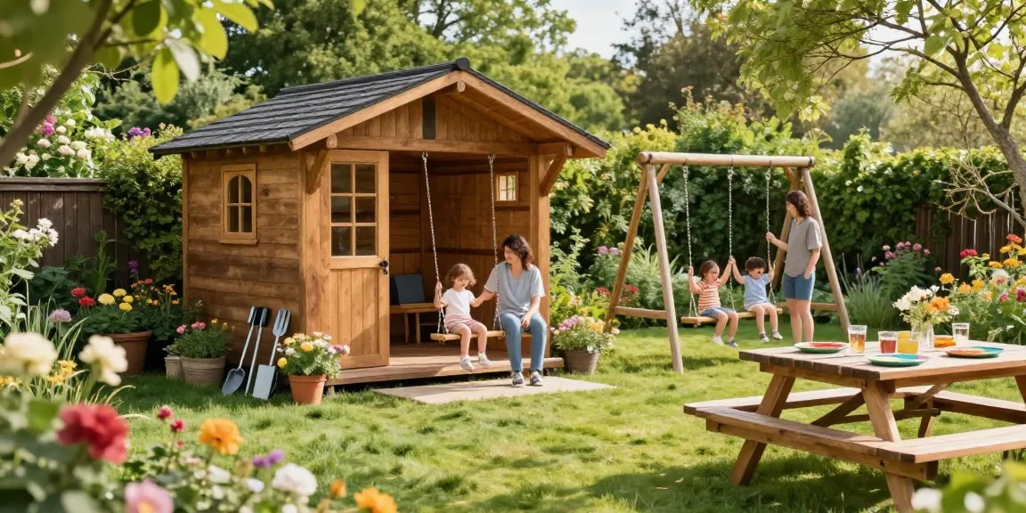 Wunderschönes Gartenhaus im sonnigen Garten mit spielenden Kindern.