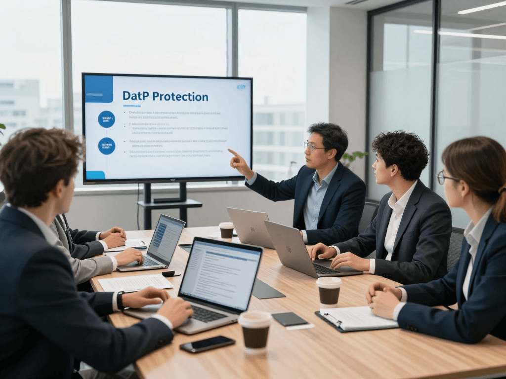 Data protection strategies for Vermessungsbüros und ÖbVI in a professional office meeting setting.