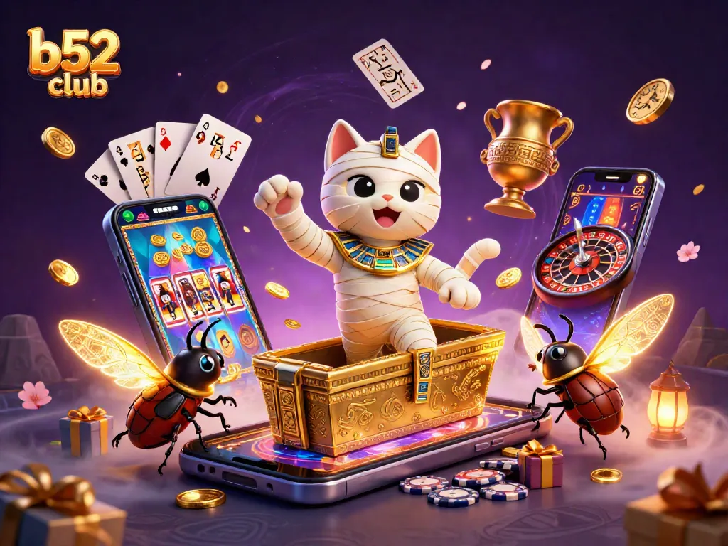 Spin and win at b52club with a vibrant 3D illustration of a mummy cat amidst casino treasures.