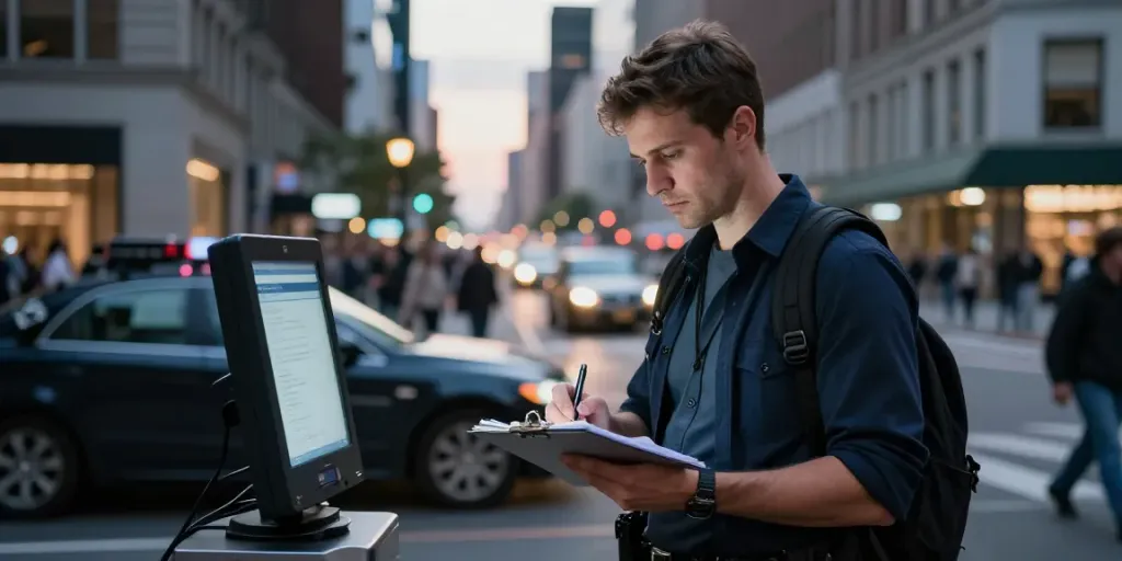 Goodtam private investigator assessing client messages amidst city bustle.