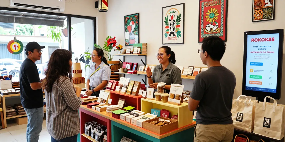 Engaging Indonesian local shopping experience at ROKOK88, showcasing diverse handmade products and community spirit.