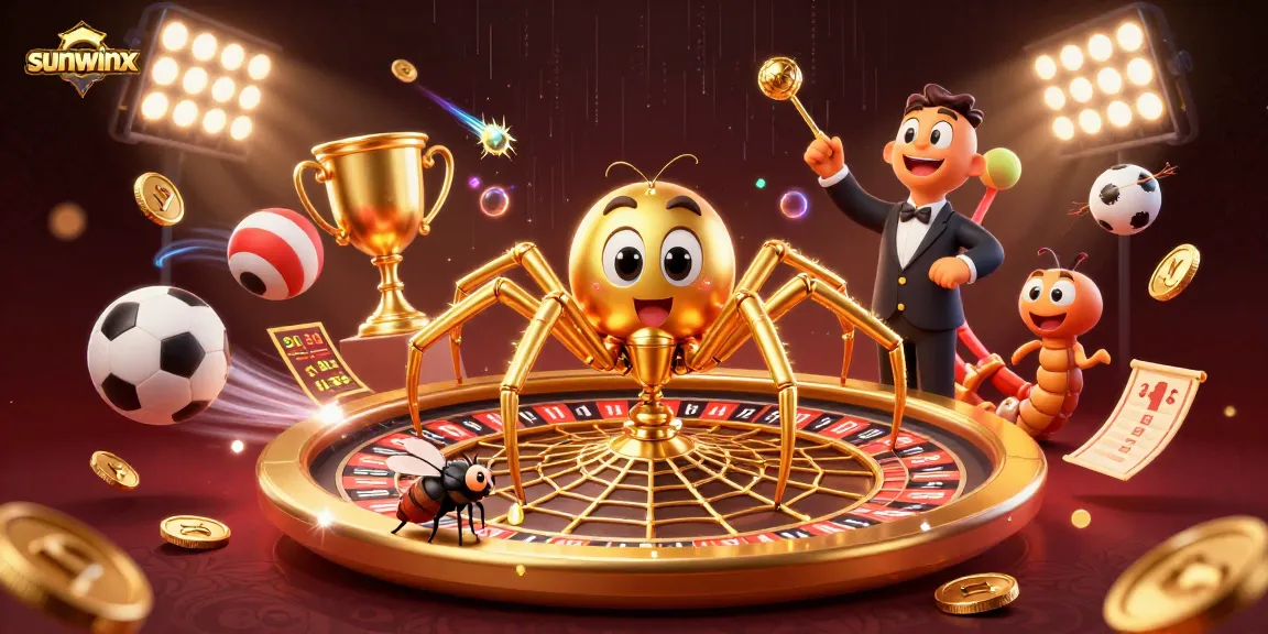 Engage in thrilling sports betting with sunwinx as a golden spider spins a roulette wheel web.