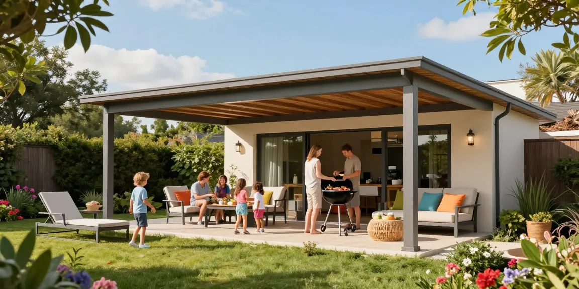 Terrassenüberdachung freistehend im Garten mit Familie beim Grillen.