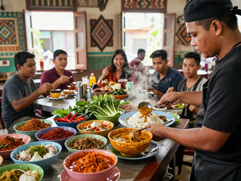 Nasi Kandar preparation at Rokok88 restaurant showcasing vibrant dishes and authentic Malaysian flavors.