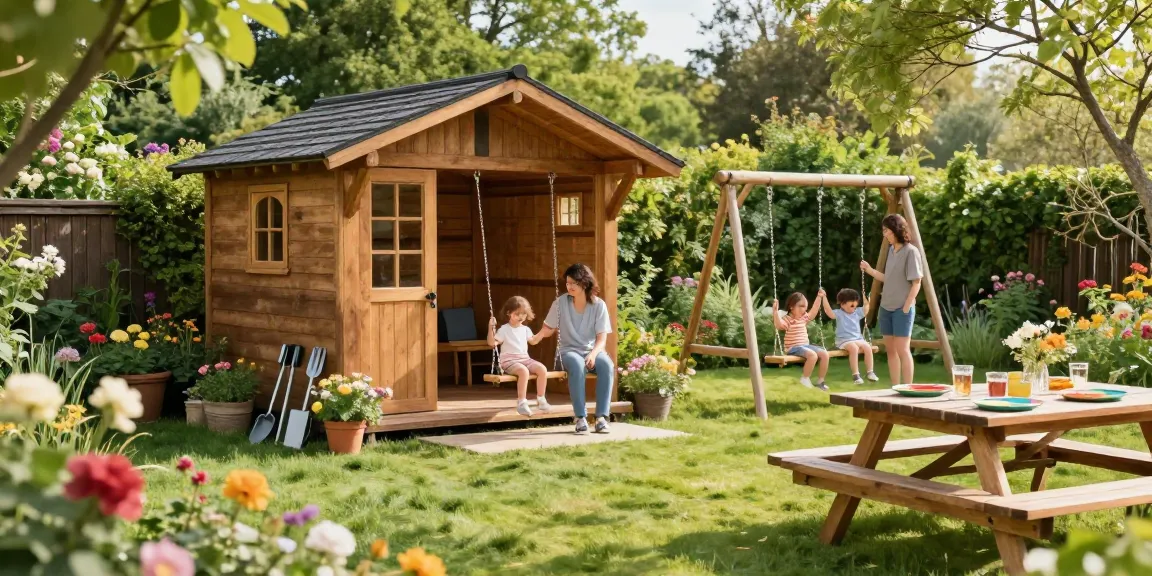 Wunderschönes Gartenhaus im sonnigen Garten mit spielenden Kindern.