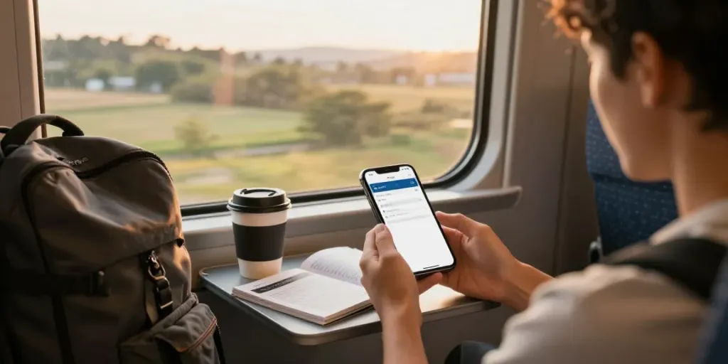 Wie bekommt man günstige Zugtickets? Reisender in der Bahn mit Smartphone und Reiseführer.