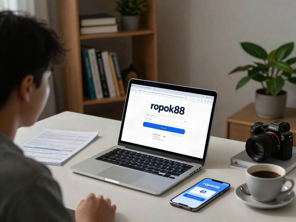 Engaging workspace scene showcasing rokok88 login on a laptop, emphasizing digital finance.