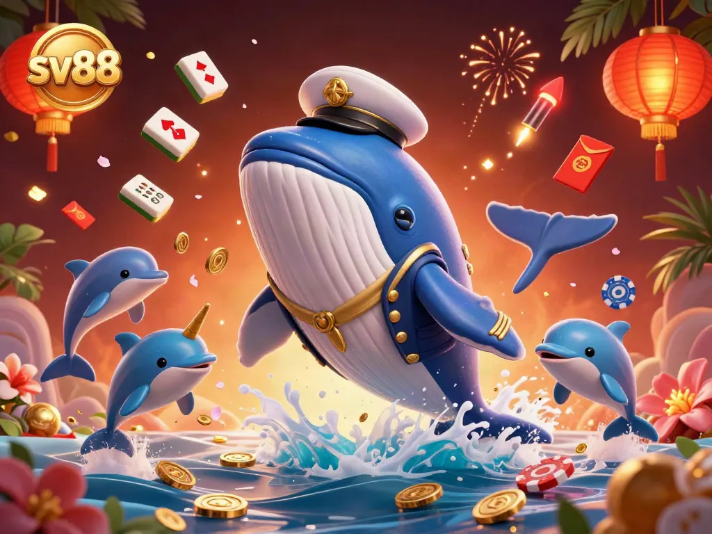 Engage with sv88's vibrant 3D cartoon illustration highlighting a whale in a gambling sea of coins.