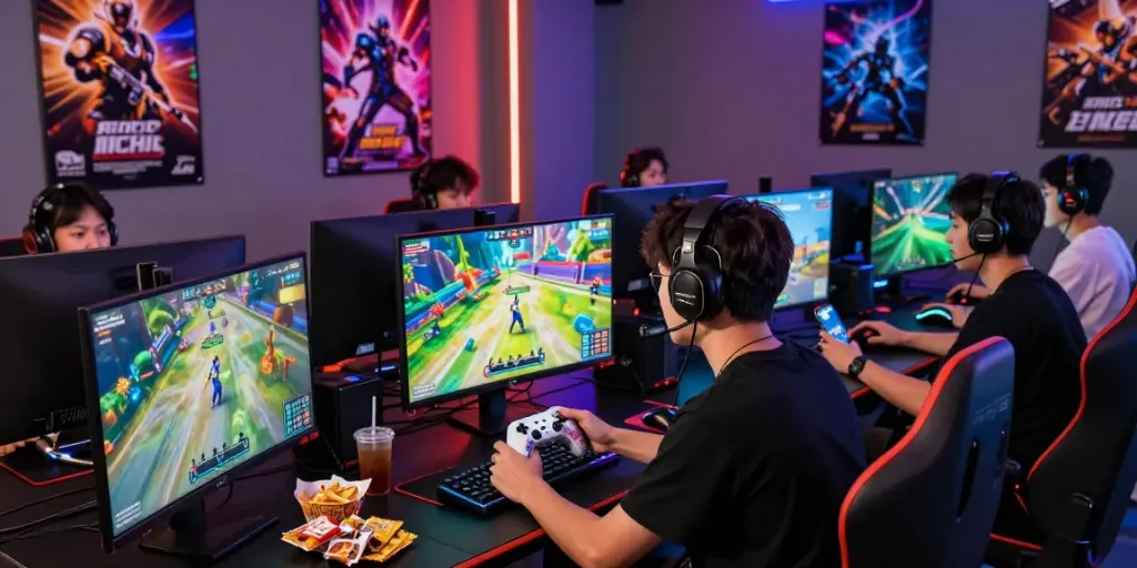 Friends enjoying rokok88 gaming experience in a vibrant lounge setup with multiple screens and energetic atmosphere.