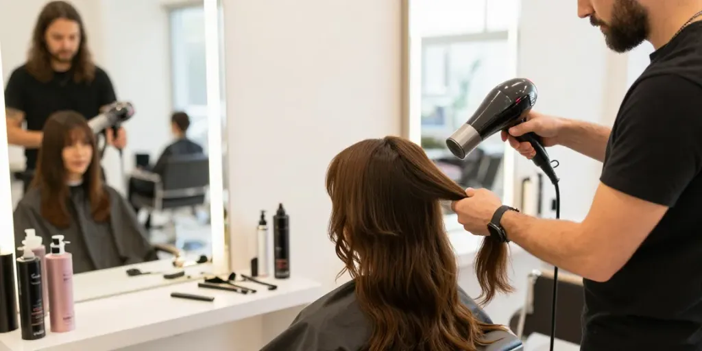 Haartrockner im Test: Stylist verwendet modernen Haartrockner in einem hellen Friseursalon.