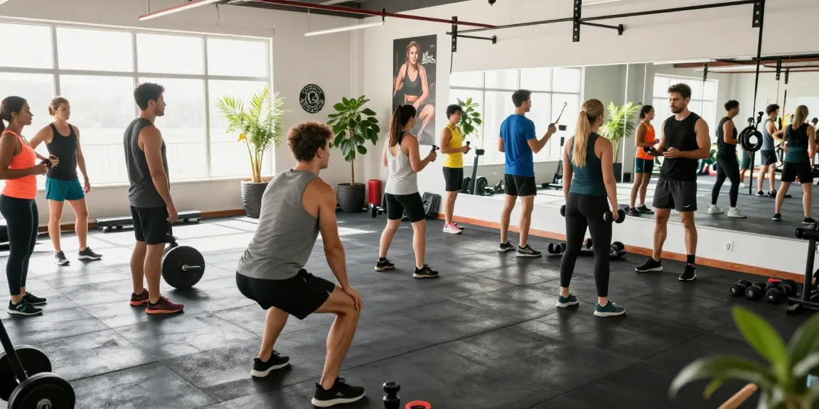 Aktive Menschen im Selliza Shop Fitnessstudio, die gemeinsam trainieren und Tipps austauschen.