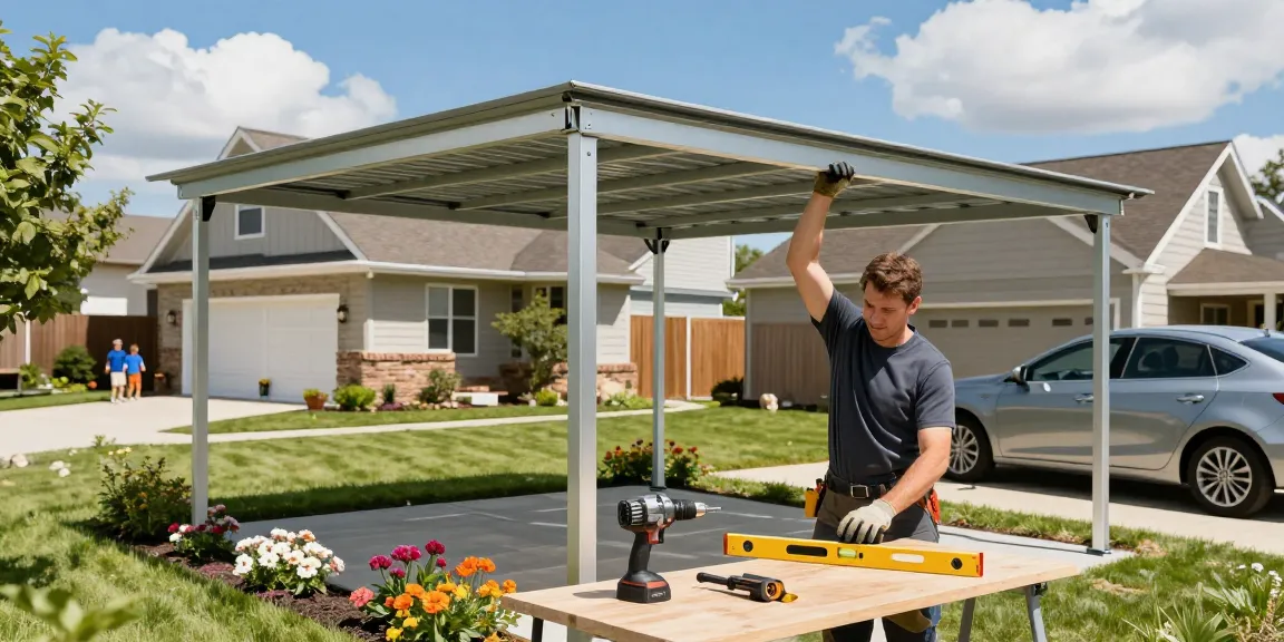 Carport-Installation in einer modernen Nachbarschaft mit Handwerker bei der Montage