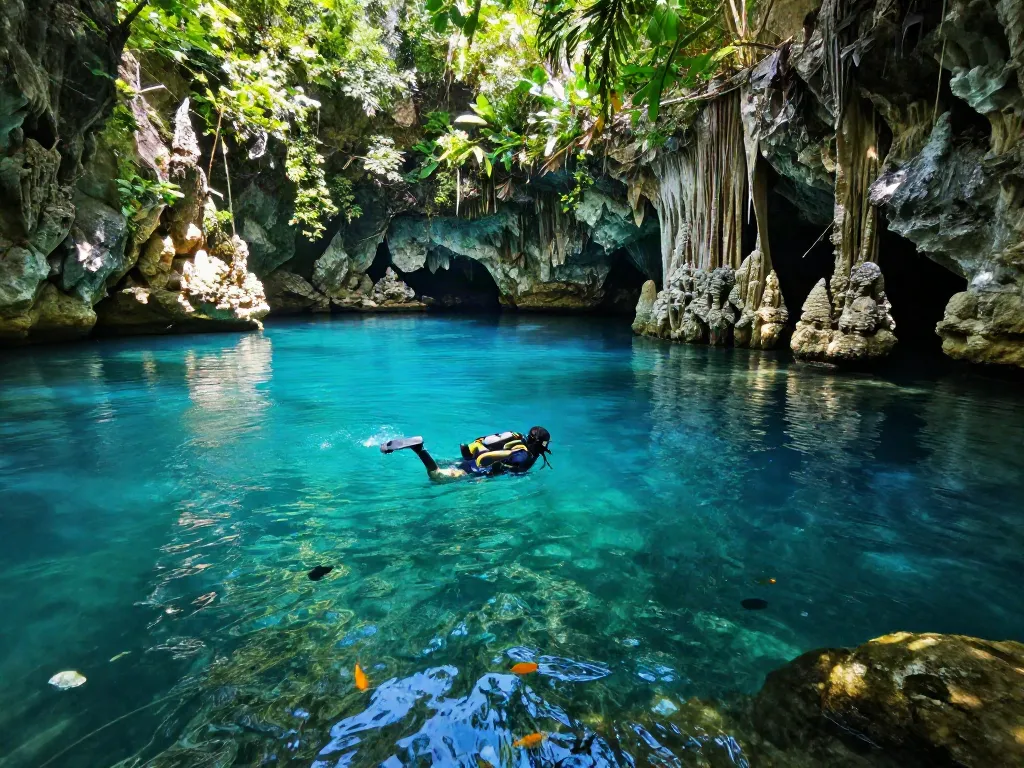 Taucher im klaren Wasser der Dos Ojos Cenote, umgeben von beeindruckenden Stalaktiten und natürlicher Vegetation.
