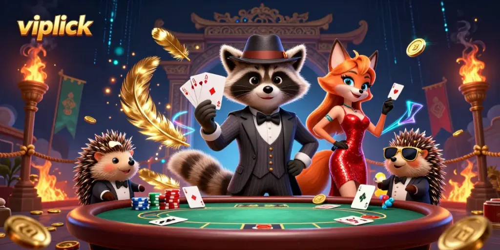 Experience the thrill of Vipluck Casino with cartoon characters playing cards in an energetic scene.
