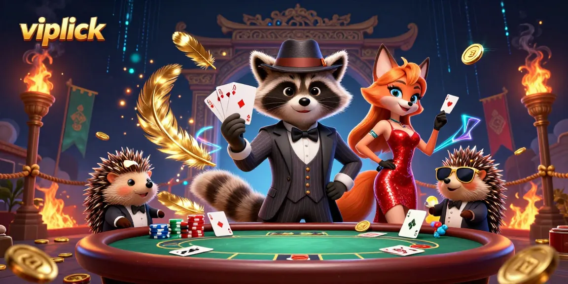 Experience the thrill of Vipluck Casino with cartoon characters playing cards in an energetic scene.