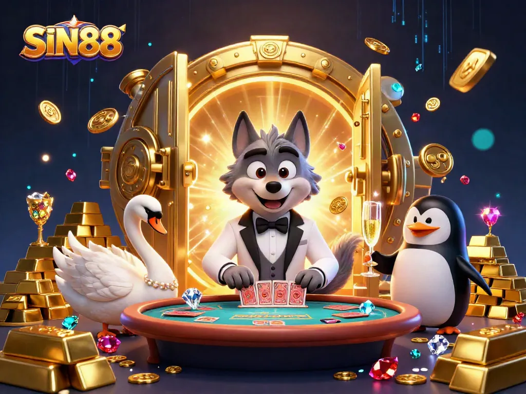 SIN88 features a debonair wolf at a baccarat table alongside a swan dealing cards and a penguin presenting champagne.