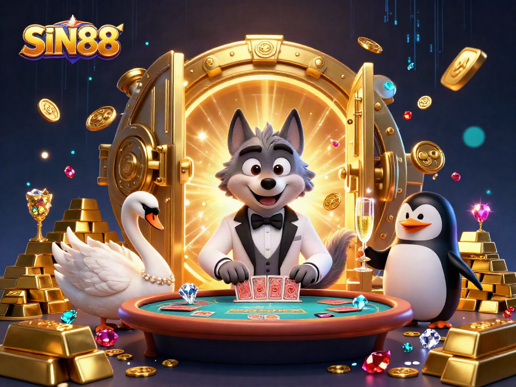 SIN88 features a debonair wolf at a baccarat table alongside a swan dealing cards and a penguin presenting champagne.