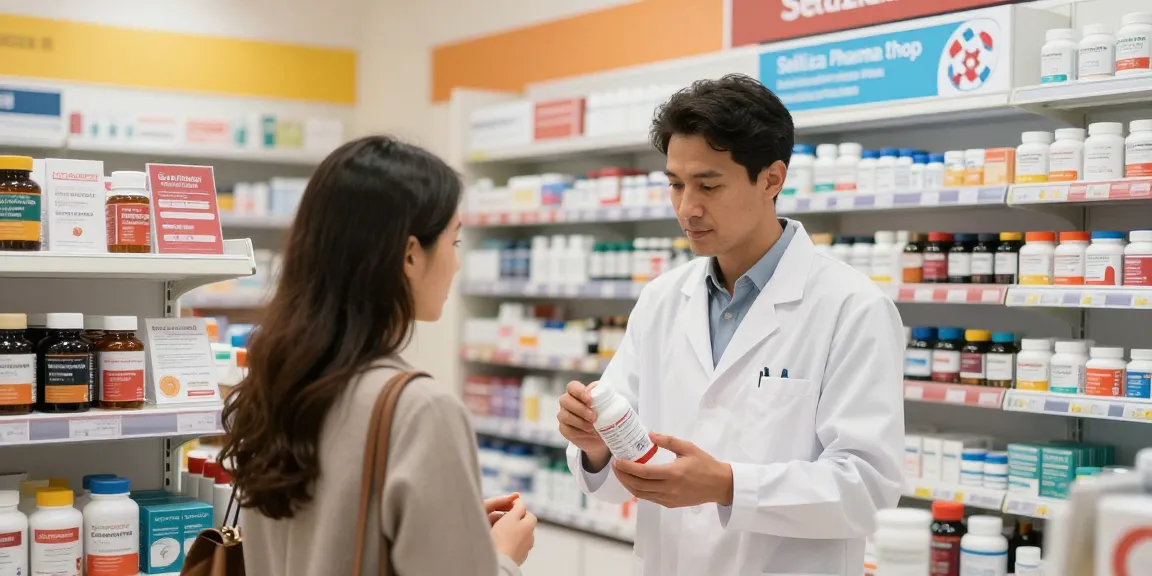 Beratung im Selliza Pharma Shop: Apotheker empfängt Kunden über Anabolika und Gesundheitsprodukte in modernem Raum.