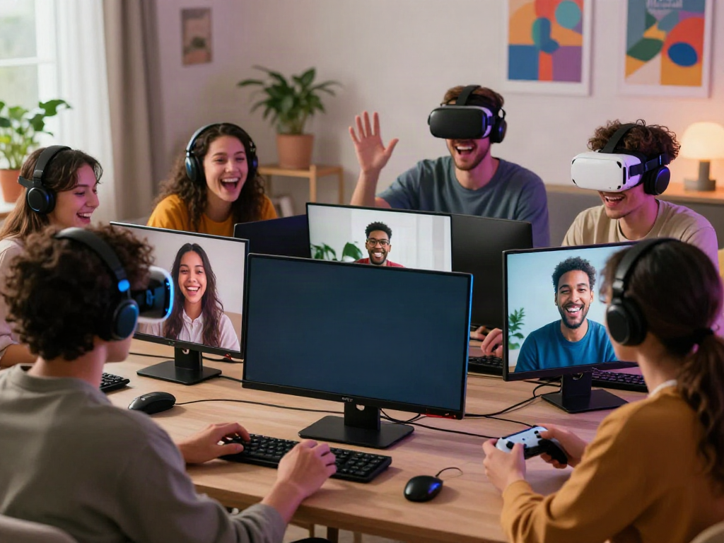 Engaging scene of friends enjoying a lively horny AI chat, highlighting digital interaction and diverse expressions.