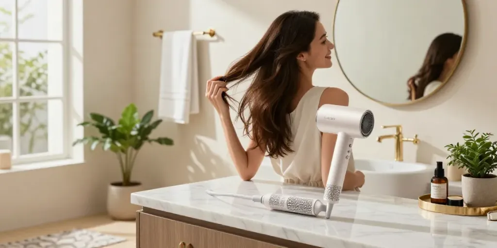 Die Laifen Haartrockner auf einem eleganten Marmortisch im modernen Bad mit grünen Pflanzen.