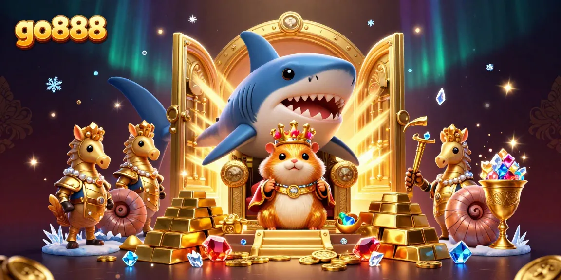 Engage with go888 for dynamic online gaming, featuring a golden hamster king on a megalodon throne.