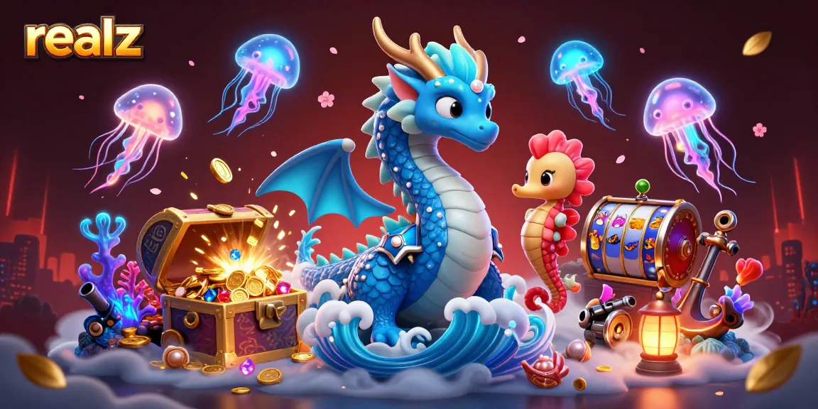 Experience thrilling gameplay at Realz Casino with an azure water dragon and energetic gaming elements.