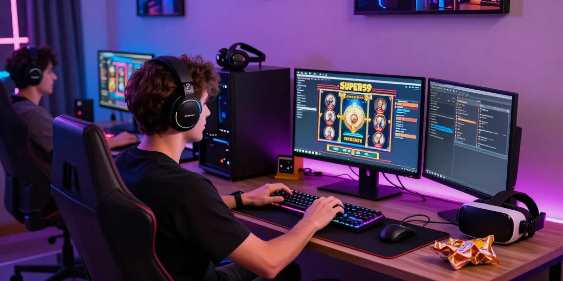 Pengalaman bermain di SUPER59 dengan link alternatif slot gacor, pemain fokus pada laptop dengan aksesori gaming.