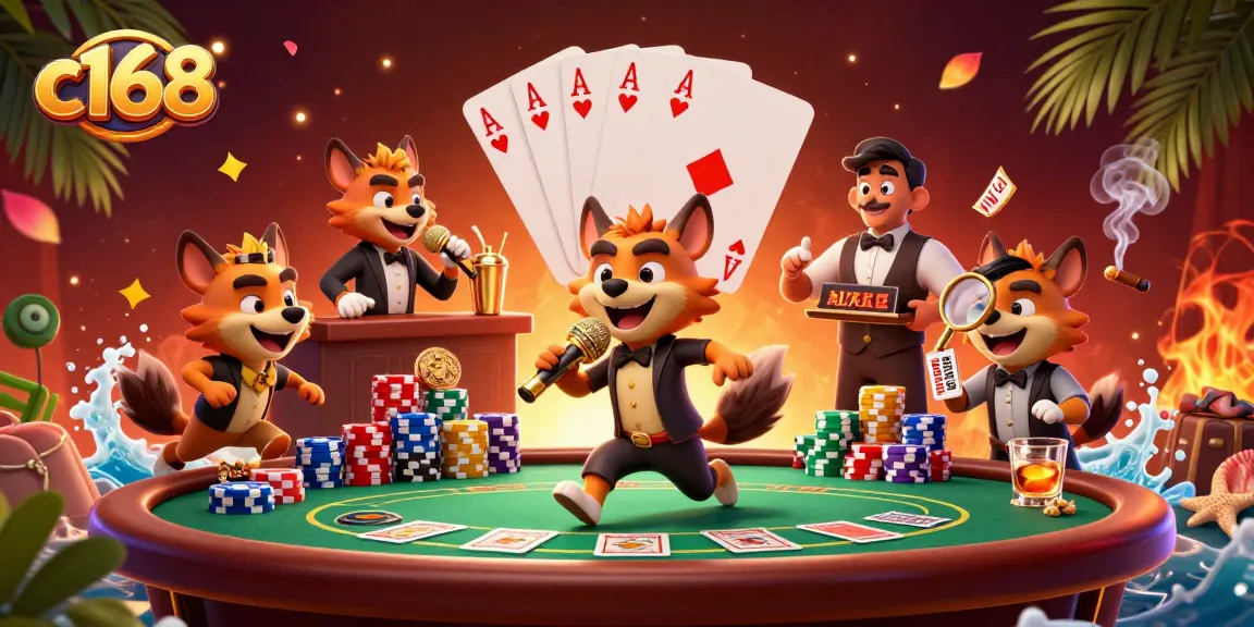 c168 hyenas bringing fun to a vibrant casino scene with poker elements and colorful characters