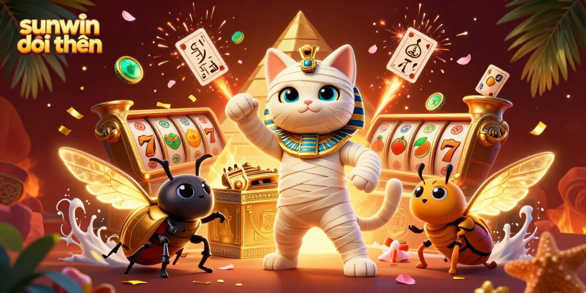 Experience thrilling fun with sunwin đổi thưởng featuring Egyptian mummy cat and casino elements.
